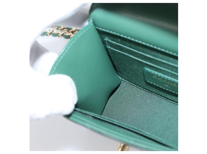 Borsa a tracolla con catena CHANEL V Stitch in pelle d'agnello verde e oro CC Auth 206308SAM D'oro - vista 20