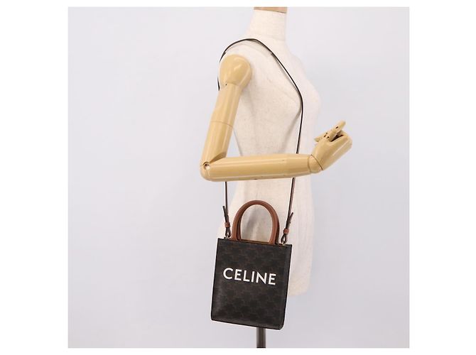 Céline Borsa a mano CELINE Triomphe Mini Vertical Cabas PVC 2way Nero Oro Auth ka6309M D'oro - vista 21