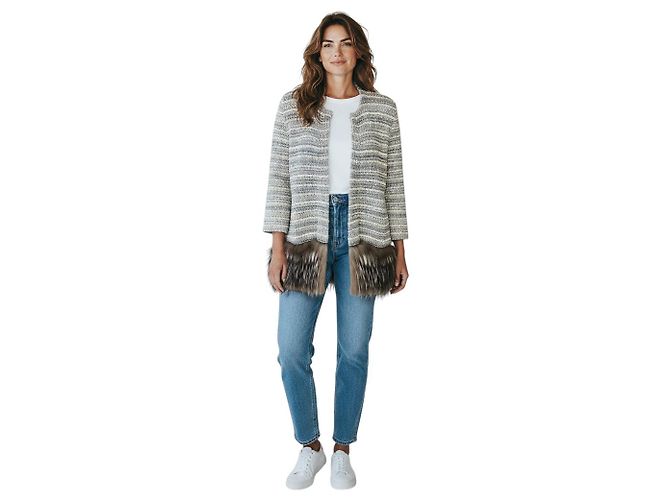 Carolina Herrera graue Strickjacke aus Wolle mit Fuchsfellsaum - Ansicht 5