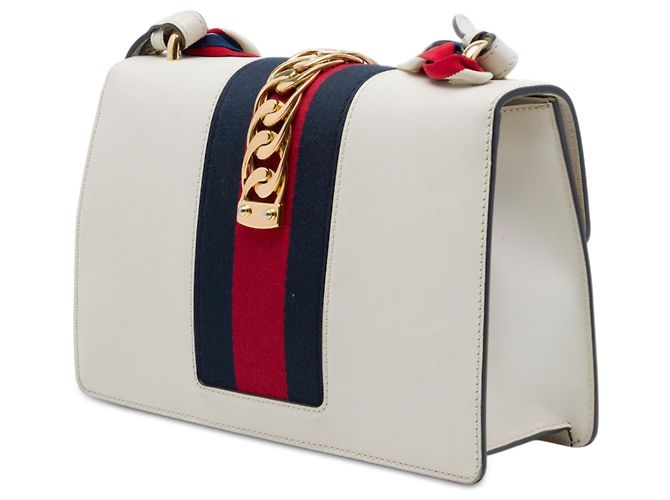 Borsa Satchel Gucci Sylvie Small in pelle di vitello bianca con Web Bianco - vista 2