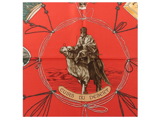 Hermès Carré 90 "CUIRS DU DESERT" Foulard in seta Rosso x Marrone - vista 10