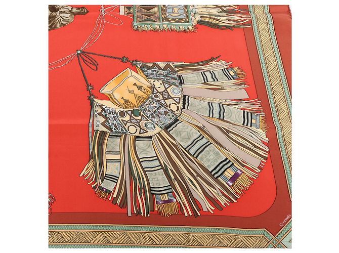 Hermès Carré 90 "CUIRS DU DESERT" Foulard in seta Rosso x Marrone - vista 13