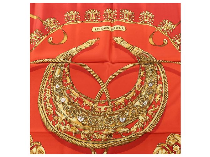 Hermès Carré 90 "LES CAVALIERS D'OR" Foulard di seta Rosso - vista 11