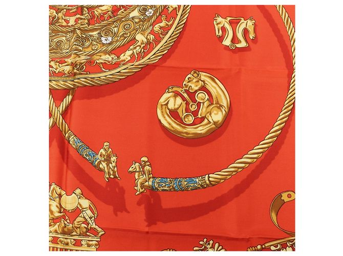 Hermès Carré 90 "LES CAVALIERS D'OR" Foulard di seta Rosso - vista 12