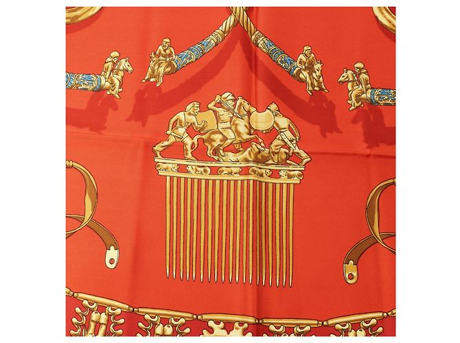 Hermès Carré 90 "LES CAVALIERS D'OR" Foulard di seta Rosso - vista 16