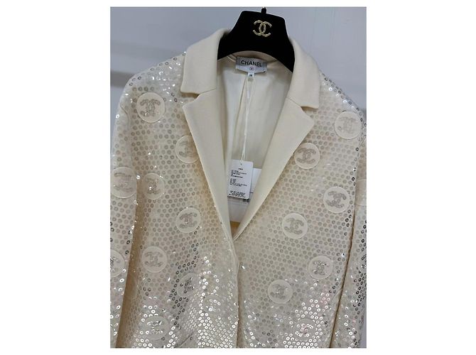 Chanel Tweed Blazer Beige mit Double-C Pailletten Mehrfarben - Ansicht 2