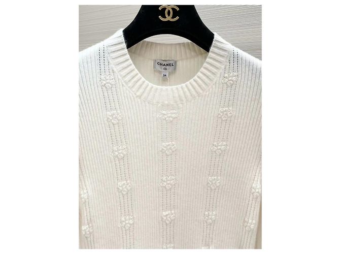 Chanel Kaschmir Stricktop Weiß mit Gürtel Mehrfarben - Ansicht 3