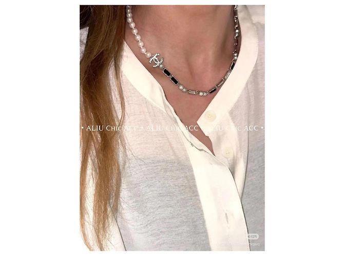 Chanel Kristall Choker Halskette Schwarz Weiß Double-C Mehrfarben - Ansicht 4