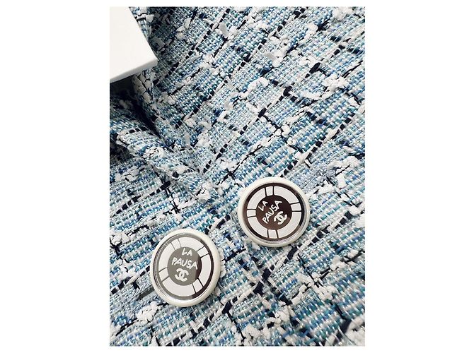 Set Due Pezzi Chanel Blazer e Pantaloni in Tweed Blu Multicolore - vista 3
