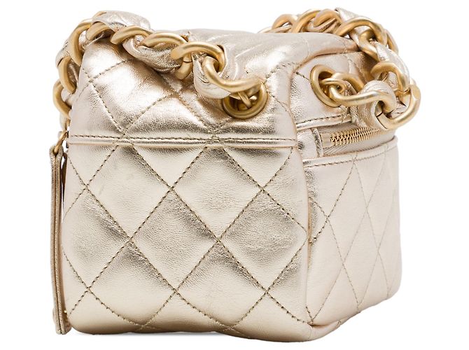 Goldene Chanel CC gesteppte Metallic-Lammleder Cube Zip Clutch mit Kette Vanity Bag - Ansicht 2