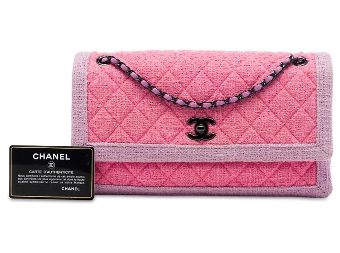Borsa a tracolla Chanel CC in tweed trapuntato rosa con patta a fisarmonica - vista 7