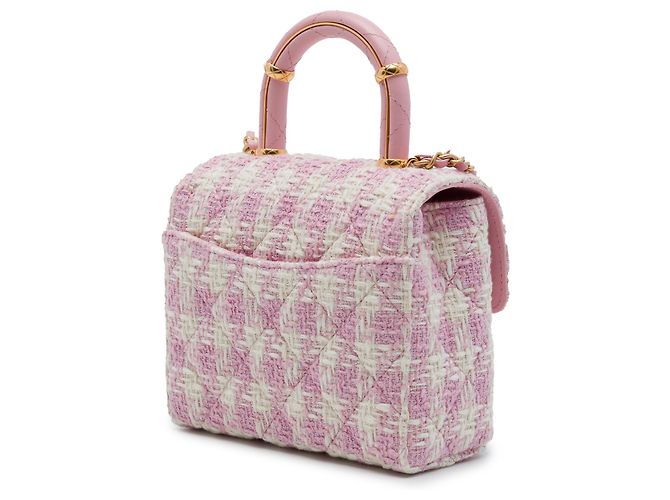 Bolsa Satchel com aba e alça de mão Chanel Crush em tweed acolchoado rosa - vista 2