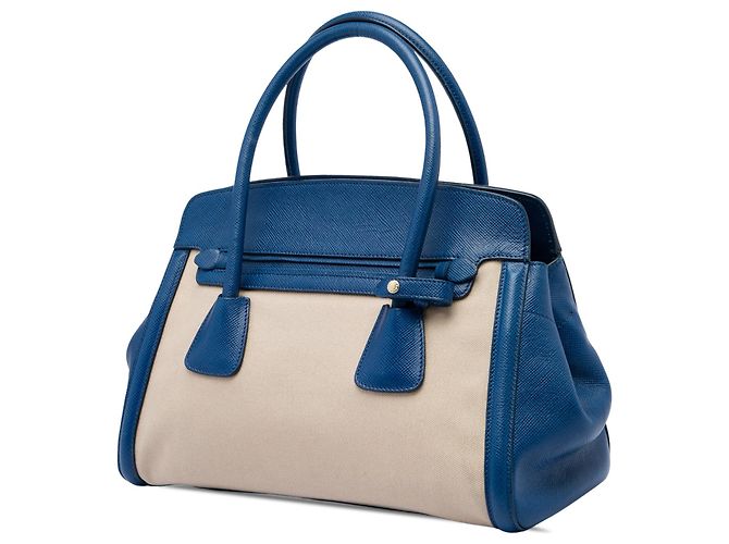 Bolsa Satchel Prada em Canapa com acabamentos em couro Saffiano azul - vista 2