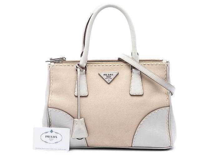 Borsa Galleria Double Zip Small in tela e pelle City Calf bianca Prada Bianco - vista 7