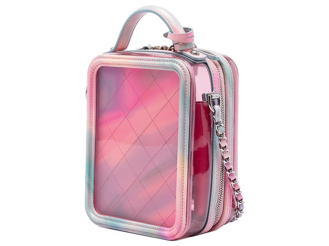 Borsa Vanity Verticale Chanel CC Rainbow in PVC rosa con filigrana - vista 2