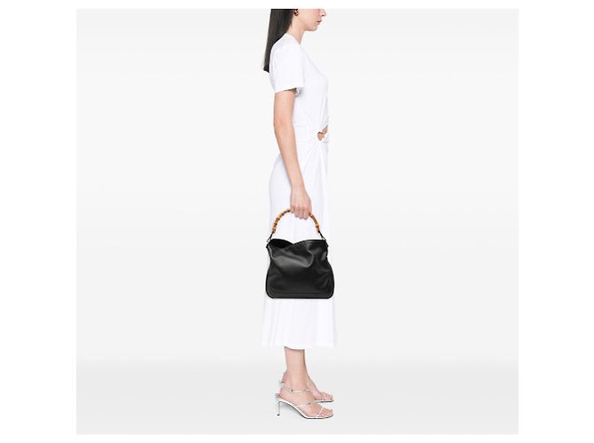 Bolsa Satchel Gucci em couro de bezerro preta com Bamboo e Web Preto - vista 6