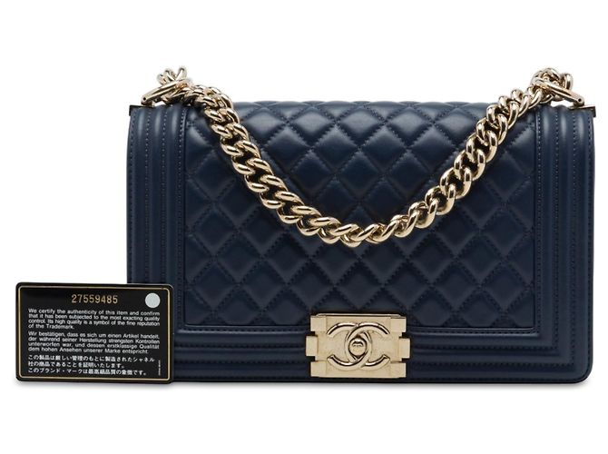 Borsa a tracolla Chanel Boy Flap in pelle d'agnello matelassé blu, dimensione Old Medium - vista 7