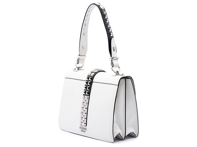 Borsa Satchel Elektra con borchie in pelle City Calf e Saffiano bianca Prada Bianco - vista 2