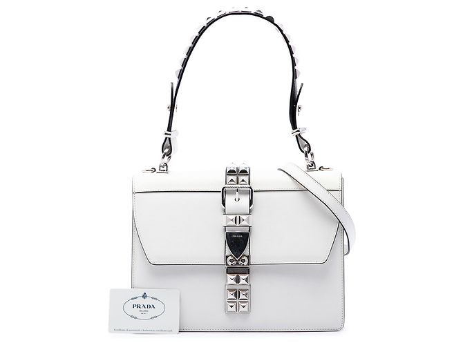 Borsa Satchel Elektra con borchie in pelle City Calf e Saffiano bianca Prada Bianco - vista 7