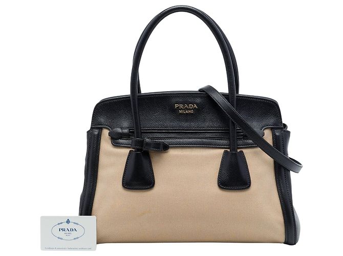 Prada Satchel-Tasche aus beigem Canvas mit bicolor Saffiano-Lederbesatz - Ansicht 7