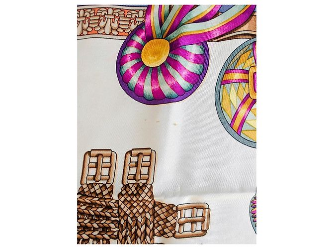 Hermès Carré 90 "Les Rubans du Cheval" Pañuelo de Seda Castaño Rosa Multicolor Beige Verde Púrpura Amarillo - vista 6
