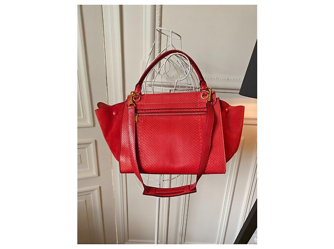 Céline Bolsa Celine Trapèze em Píton e Camurça Vermelha Vermelho - vista 3