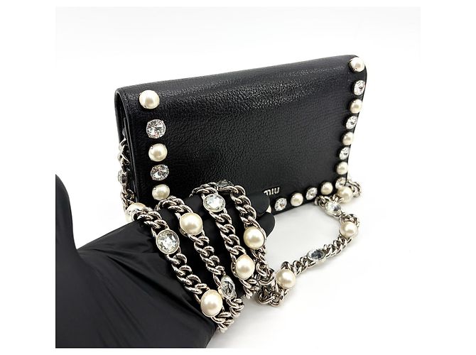 Clutch Miu Miu in pelle decorata con cristalli e perle, Medium Nero - vista 6