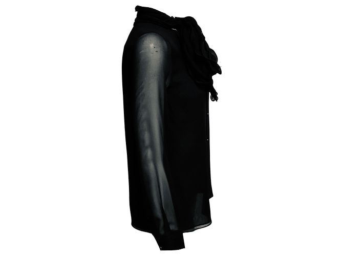 Blusa in seta Burberry a maniche lunghe con collo a fiocco e volant, nera Nero - vista 2