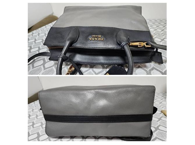 Prada Mala Tote Medium Esplanade em Couro Saffiano Cinza/Preto - vista 5