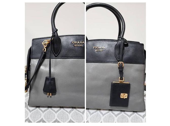 Prada Mala Tote Medium Esplanade em Couro Saffiano Cinza/Preto - vista 9
