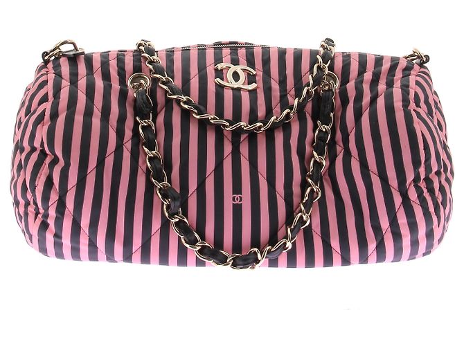 Chanel Handtasche aus rosa-schwarz gestreiftem Stoff Pink - Ansicht 2