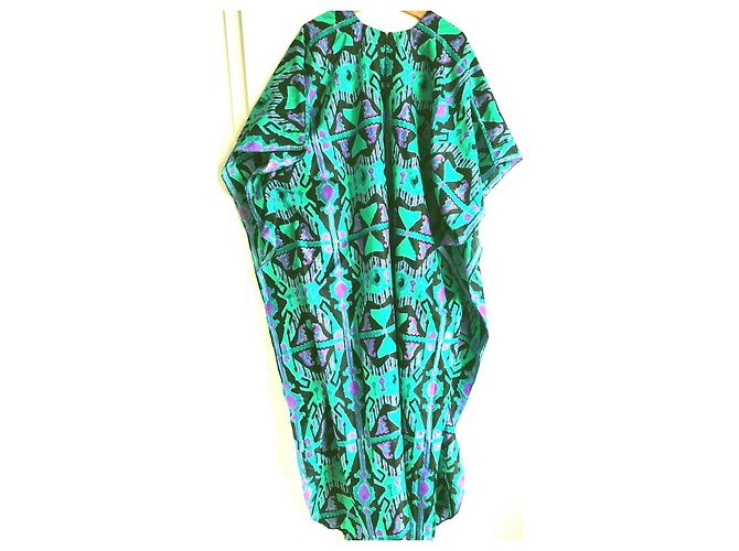 Autre Marque Djellabah Caftan Kleid aus mehrfarbiger Seide Schwarz Grün Lila - Ansicht 2