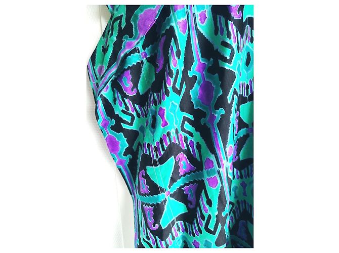 Autre Marque Djellabah Caftan Kleid aus mehrfarbiger Seide Schwarz Grün Lila - Ansicht 4