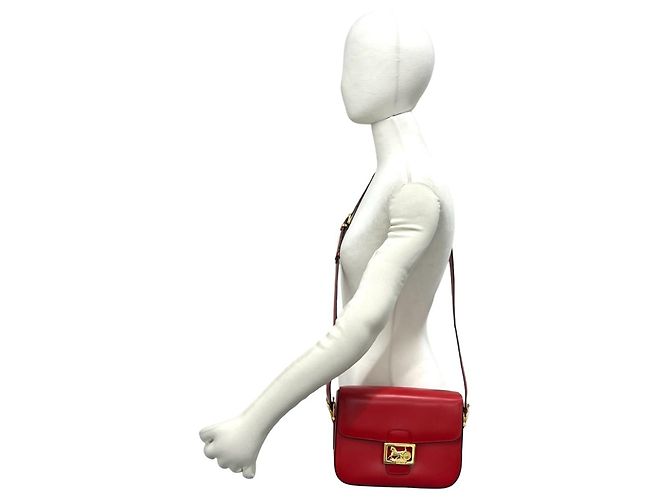 Céline Celine Vintage Logo Carriage Hardware Schultertasche aus Leder Rot - Ansicht 2