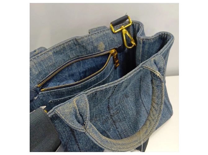 Tote Bolsa de Ombro 2-Way Prada Canapa Triangle Logo em denim Azul - vista 13