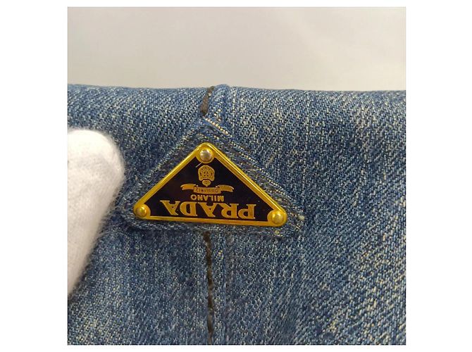 Tote Bolsa de Ombro 2-Way Prada Canapa Triangle Logo em denim Azul - vista 26