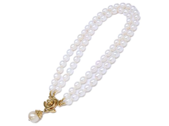 Collier Chanel 96A Coco Mark Turnlock à double rang de perles baroques Doré - vue 2