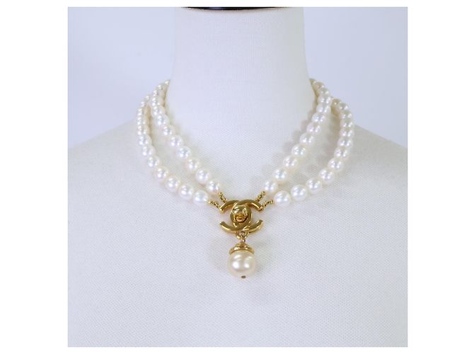 Collier Chanel 96A Coco Mark Turnlock à double rang de perles baroques Doré - vue 9