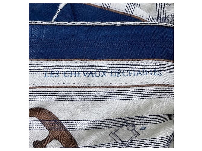 Hermès Hermes Stole Carre 140 Géant Chevaux de Chaines Transat Branco Azul - vista 4