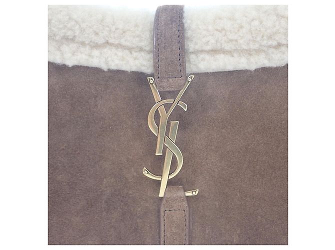 Autre Marque Saint Laurent Le 5 a 7 in camoscio marrone con rifiniture in shearling - vista 6