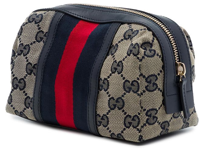 Pouch Gucci in tela GG beige con banda Web - vista 2