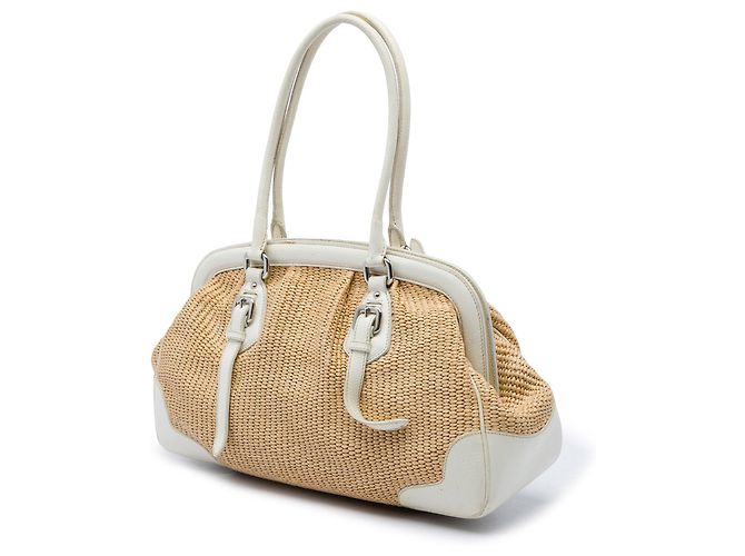 Sac à épaule Prada en raphia beige - vue 2