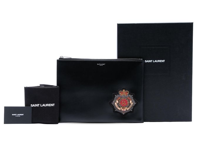 Autre Marque Clutch con zip Saint Laurent in pelle di vitello nera con stemma ricamato Nero - vista 7