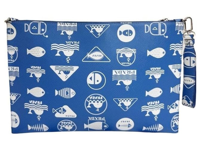 Bolsa de ombro Prada em couro Saffiano Branco Azul - vista 2