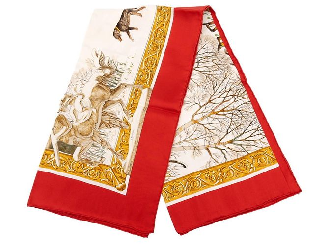 Hermès Hermes Carre 90 L'HIVER Winter Hunt Scarf Weiß Rot Mehrfarben - Ansicht 2