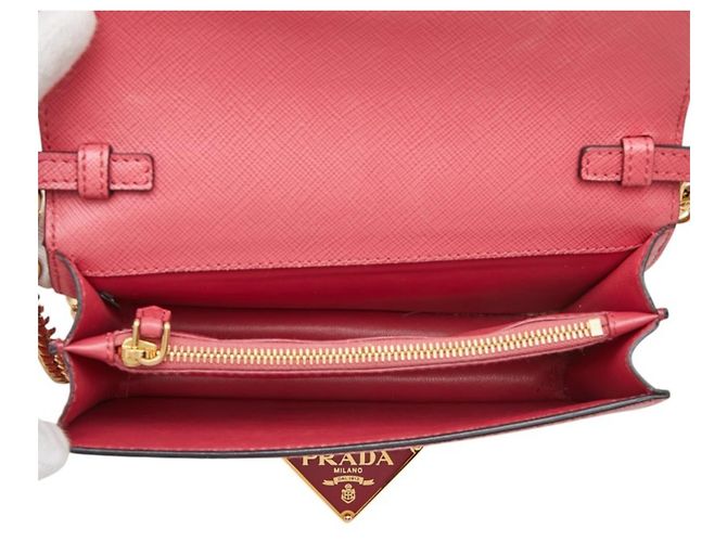 Saffiano Borsa a tracolla Prada con placca logo triangolo e catena porta carte Rosa - vista 7