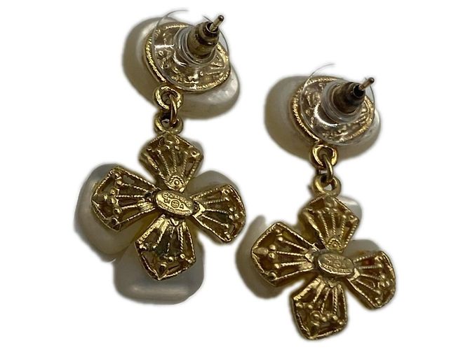 Pendientes Chanel Camellia Shell Flower Swing Blanco Dorado - vista 2