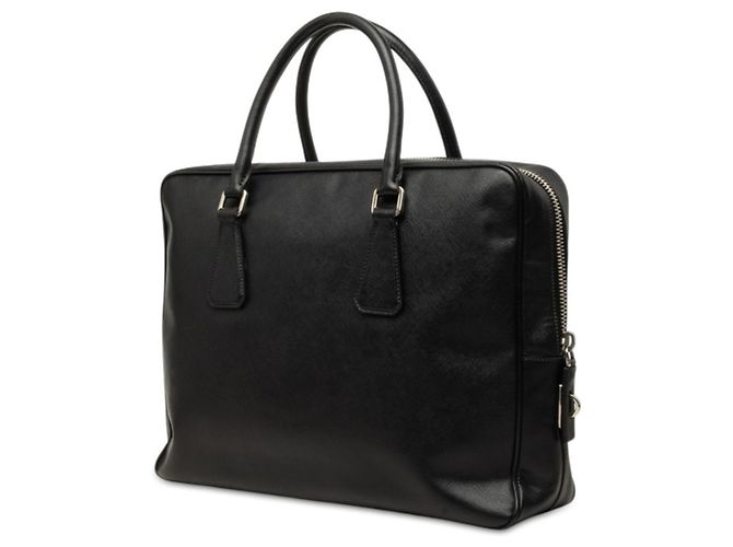 Sac à main porte-documents Prada en cuir Saffiano avec plaque logo triangle Noir - vue 2
