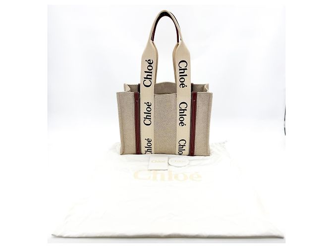 Chloé Borsa Tote Chloe Woody in Tela e Pelle Medium Beige - vista 2