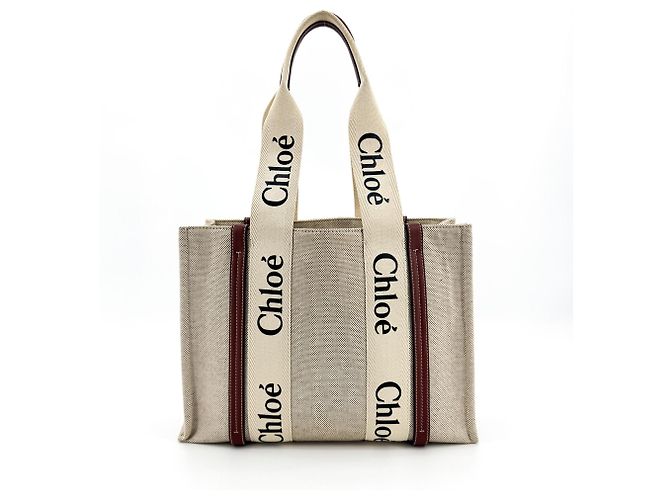 Chloé Borsa Tote Chloe Woody in Tela e Pelle Medium Beige - vista 3